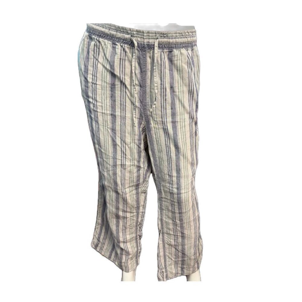 LL Bean Blue Green Striped Linen Ankle Pants Womens Plus size 20 Petite